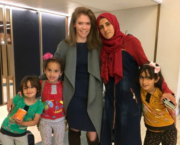 The author (third from left) with Hanadi (second from right) and her daughters, Limar, Bissan and Ritaj (far left, second left and far right) at the U.N. headquarters in Geneva in 2018. (Photo: Reilly Dowd Productions, LLC)