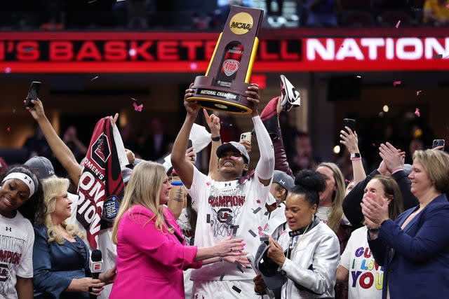 <p>Steph Chambers/Getty</p> South Carolina celebrating their win in the 2024 NCAA women's basketball tournament national championship