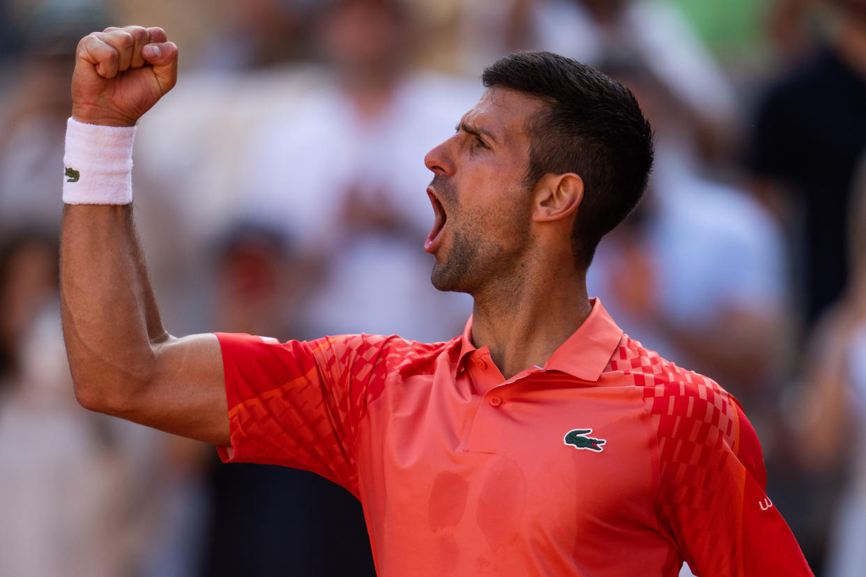 PARIS, FRANCE - JUNE 06: Novak Djokovic of Serbia wins against Karen Kachanov (not seen) during the Menâs Singles Quarter Final match on Day Ten of the 2023 French Open at Roland Garros Stadium in Paris, France on June 06, 2023. (Photo by Mine Kasapoglu/Anadolu Agency via Getty Images)