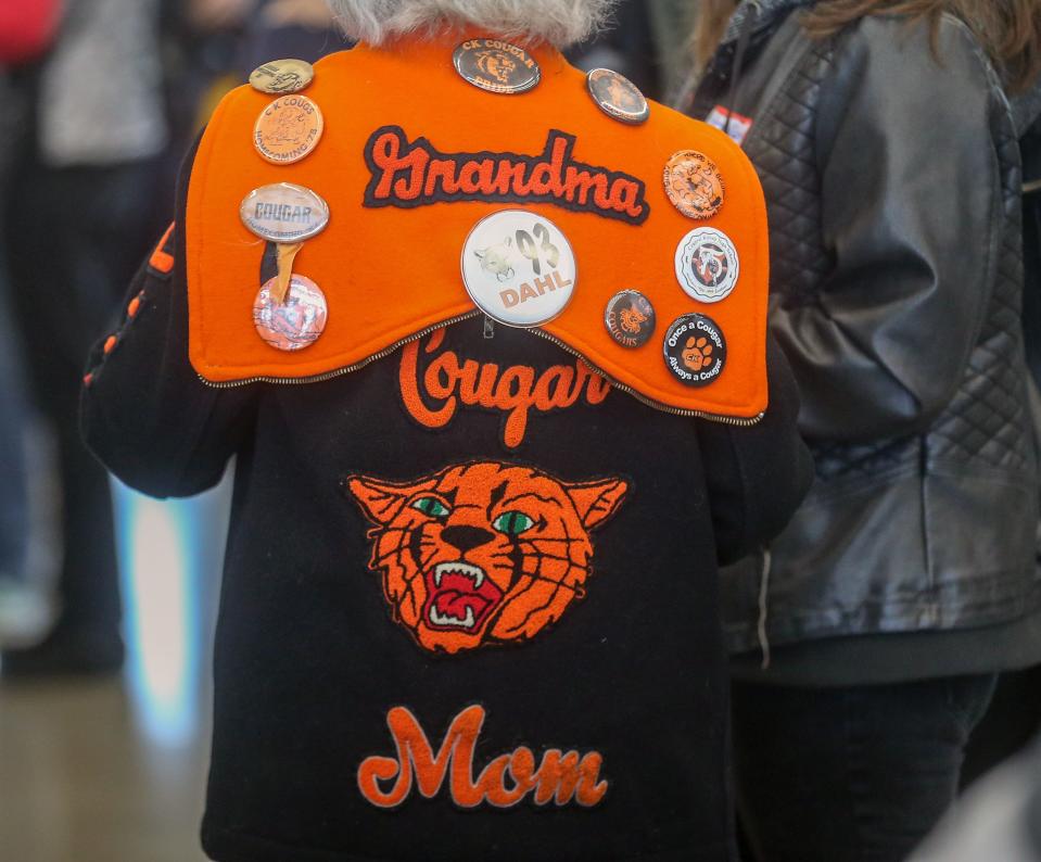 Mary Lou Dahl, of Silverdale, wears her letterman jacket during the Central Kitsap High School 100 Year Celebration on Monday, March 25, 2024.