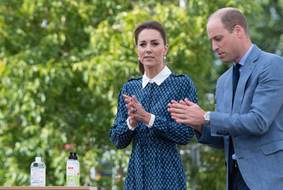 The Duke and Duchess of Cambridge apply hand sanitiser during a visit to Queen Elizabeth Hospital in King's Lynn as part of the NHS birthday celebrations.