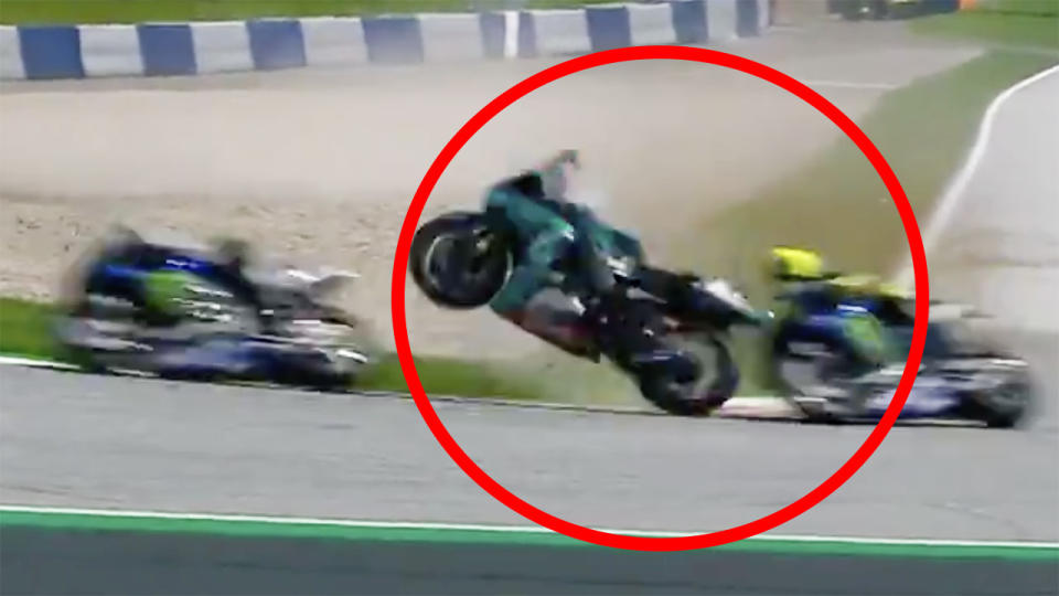 MotoGP legend Valentino Rossi says he was 'almost killed' when the out of control crashed bike of rival Franco Morbidelli flew in front of him during Sunday's Austrian Grand Prix. Picture: MotoGP/Twitter