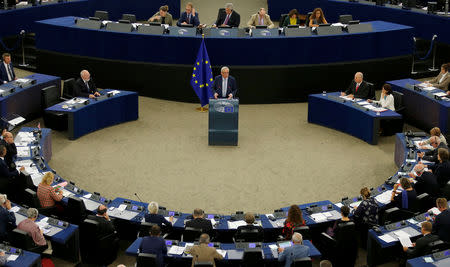 European Commission President Jean-Claude Juncker delivers a speech during a debate on The State of the European Union at the European Parliament in Strasbourg, France, September 12, 2018. REUTERS/Vincent Kessler