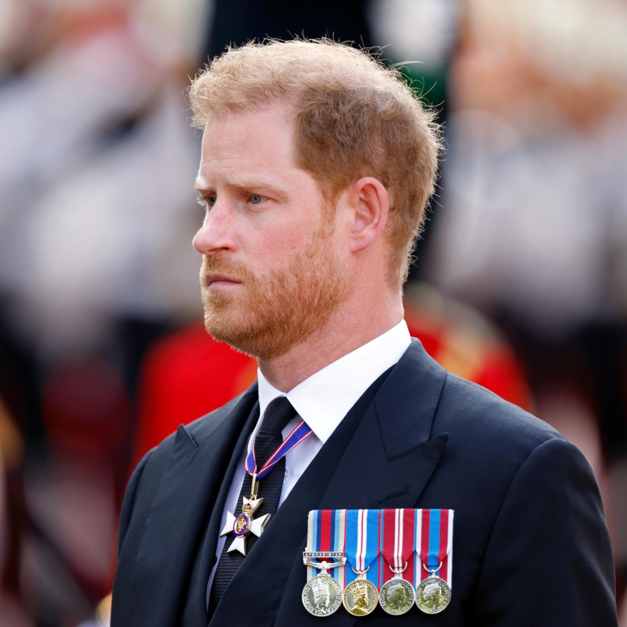  Prince William, Prince of Wales and Prince Harry, Duke of Sussex at Windsor Castle on September 19, 2022 in Windsor, England. The committal service at St George's Chapel, Windsor Castle, took place following the state funeral at Westminster Abbey. A private burial in The King George VI Memorial Chapel followed. Queen Elizabeth II died at Balmoral Castle in Scotland on September 8, 2022, and is succeeded by her eldest son, King Charles III 