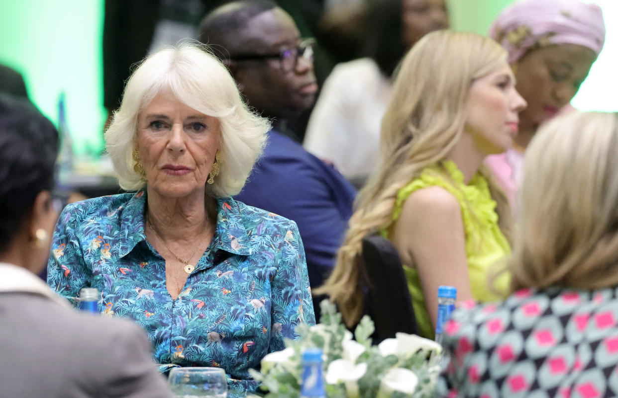 KIGALI, RWANDA - JUNE 23: Camilla, Duchess of Cornwall and Carrie Johnson, wife of Prime Minister Boris Johnson (R) attend a Violence Against Women and Girls event at the Kigali Convention Centre on June 23, 2022 in Kigali, Rwanda. Prince Charles, Prince of Wales has attended five of the 24 Commonwealth Heads of Government Meeting meetings held since 1971: Edinburgh in 1997, Uganda in 2007, Sri Lanka in 2013 (representing The Queen), Malta in 2015 and the UK in 2018. It was during the UK CHOGM that it was formally announced that The Prince would succeed The Queen as Head of the Commonwealth. Leaders of Commonwealth countries meet every two years for the meeting which is hosted by a different member country on a rotating basis. (Photo by Chris Jackson/Getty Images)