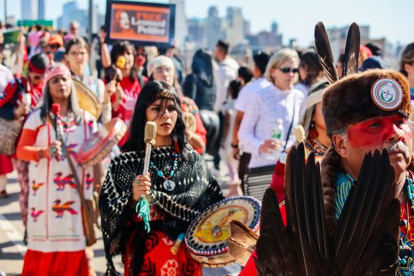 Supporters, allies and spectators gathered on the Brooklyn Bridge on Oct. 15 to raise awareness about Missing and Murdered Indigenous Peoples. (photo: Antinanco Earth Arts School)