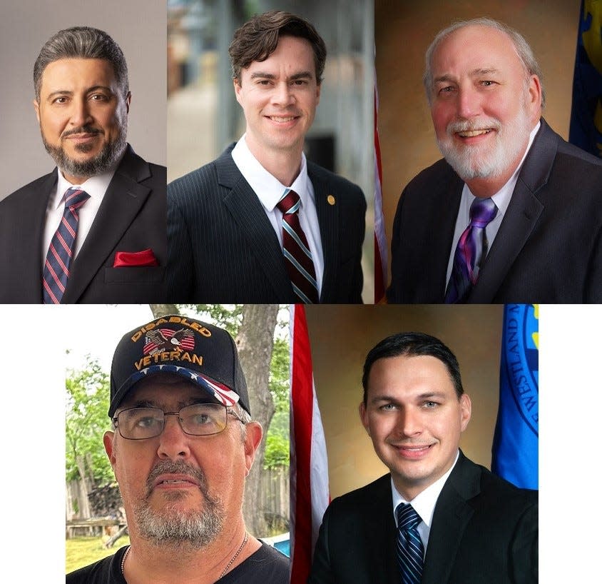 Five of the six candidates running for mayor in Westland in 2023. Top row, from left: Ali Awadi, state Rep. Kevin Coleman and Councilman Jim Godbout. Bottom row, from left: Anthony Jones and interim Mayor Mike Londeau.