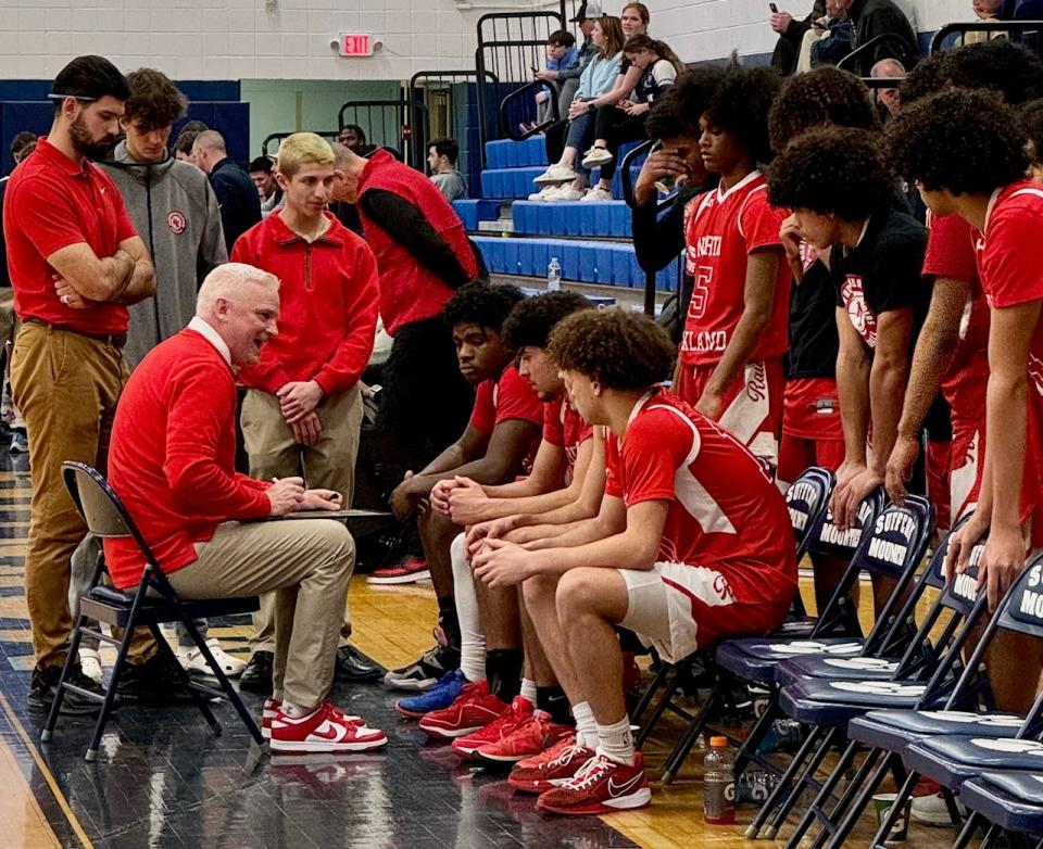 North Rockland coach Jamie Ryan draws up a set in the second half of a 57-50 win at Suffern on Feb. 6, 2024.