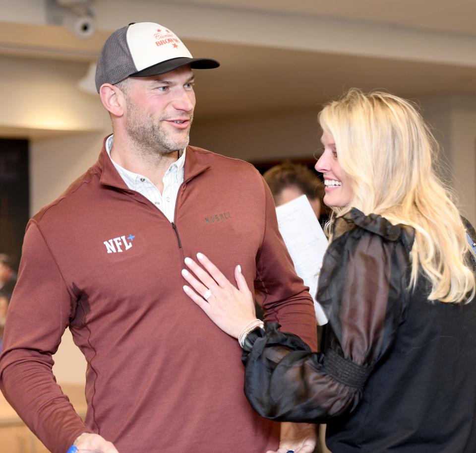 Class of 2023 enshrinee Joe Thomas laugh with wife Annie Thomas at the Pro Football Hall of Fame, Monday, March 6, 2023.