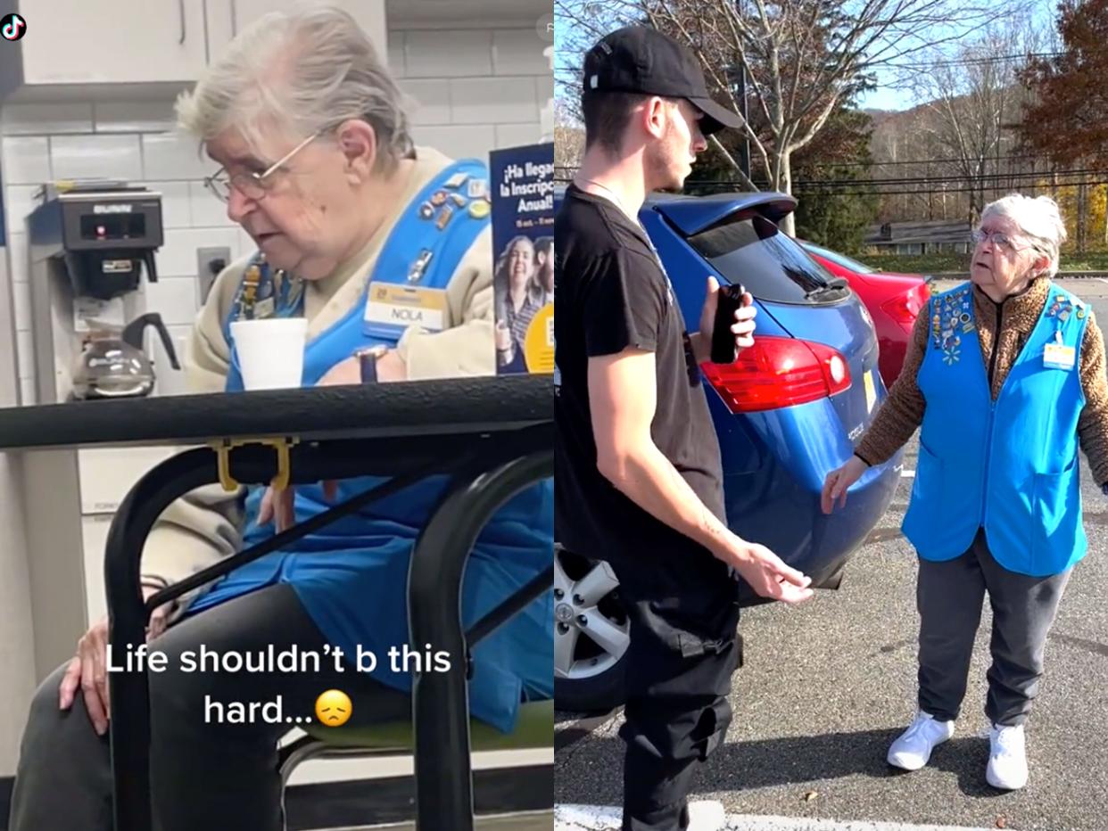 side-by-side images from @dbon973_ tiktoks of an older Walmart worker