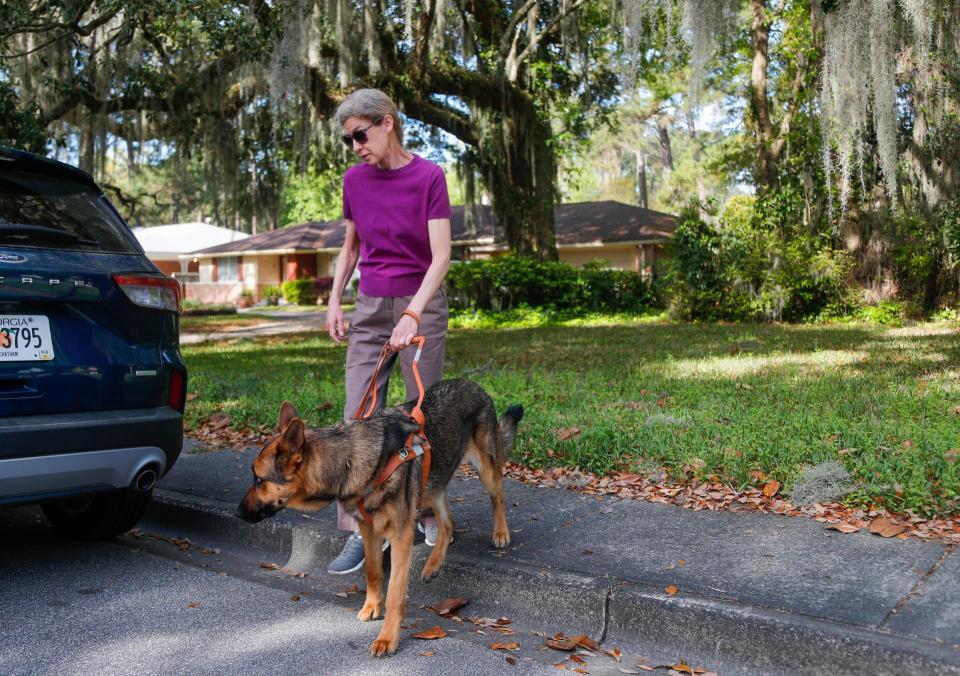 Marj Schneider's new guide dog helps her navigate a curb during a walk through her Savannah neighborhood.