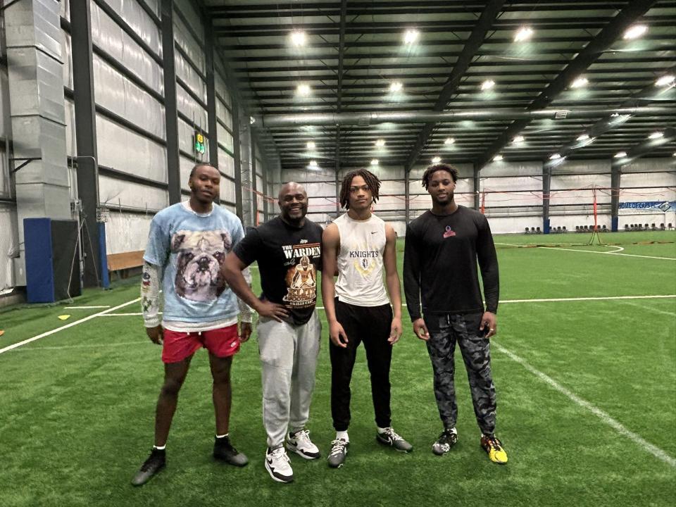 Hoban standout Elbert "Rock" Hill (third from left) had the chance to work out with Browns cornerbacks Martin Emerson (first from left) Denzel Ward, a three-time Pro Bowler. Also in the picture is Raw Talent Sports owner and trainer Mark Harris.