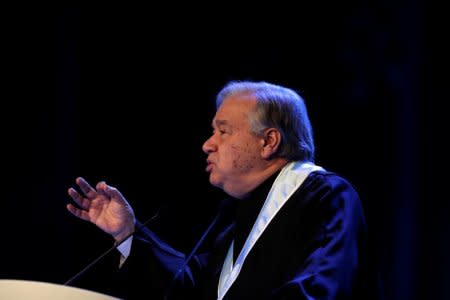 U.N. Secretary General Antonio Guterres gives a speech during a ceremony at Lisbon University where Guterres received his honoris causa degree, Portugal February 19, 2018.   REUTERS/Rafael Marchante