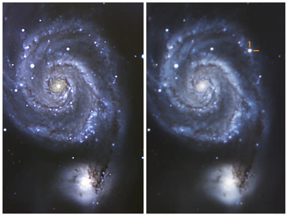 The Whirlpool galaxy (M51) before (left) and after (right) the eruption of supernova SN 2011dh in May 2011. The image on the left was taken in 2009, and on the right July 8th, 2011.