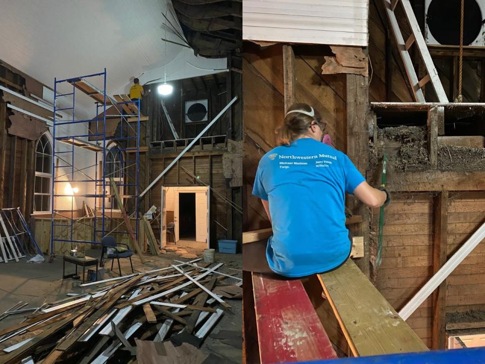 The renovation process of an old chapel, showing an individual repainting the ceiling and another getting rid of dirt in the attic.