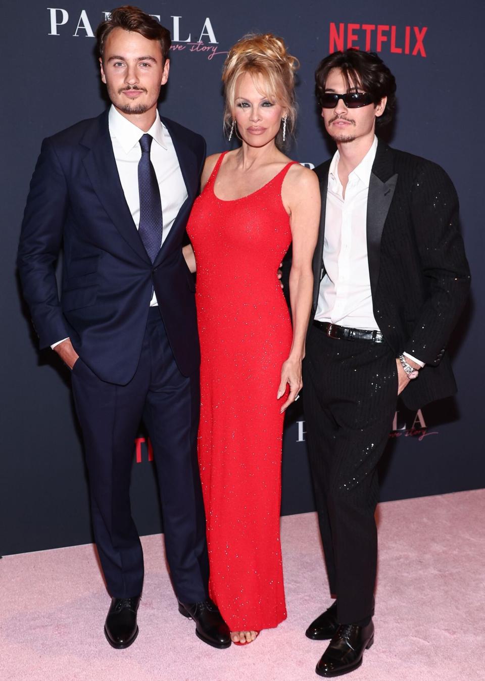 Brandon Thomas Lee, Pamela Anderson and Dylan Jagger Lee 'Pamela: A Love Story' film premiere