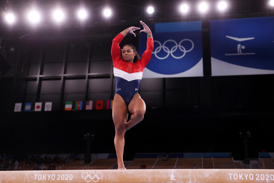 <p>TOKYO, JAPAN - JULY 27: Jordan Chiles of Team United States competes on balance beam during the Women's Team Final on day four of the Tokyo 2020 Olympic Games at Ariake Gymnastics Centre on July 27, 2021 in Tokyo, Japan. (Photo by Laurence Griffiths/Getty Images)</p> 