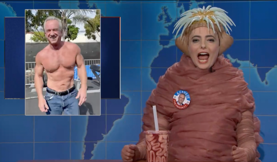 SNL cast member Sarah Sherman donned a worm costume and slurped on a ‘brain drink’ as she revealed to Colin Jost that she is a big fan of independent candidate RFK Jr (Saturday Night Live/NBC)