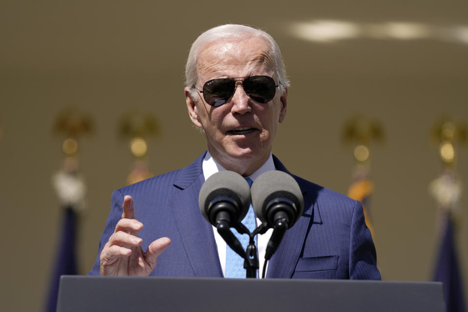 President Joe Biden speaks in the Rose Garden of the White House in Washington, Tuesday, April 18, 2023, about efforts to increase access to child care and improve the work life of caregivers. (AP Photo/Patrick Semansky)