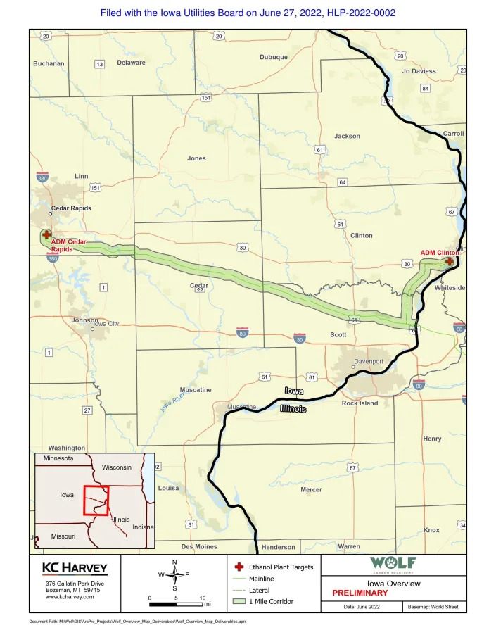 The proposed 350-mile carbon capture pipeline from Wolf Carbon Solutions US, LLC