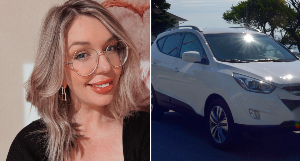 Left: An image of Stephanie Bateman who has blonde hair and blue eyes. Right: An image of a white, parked car. 