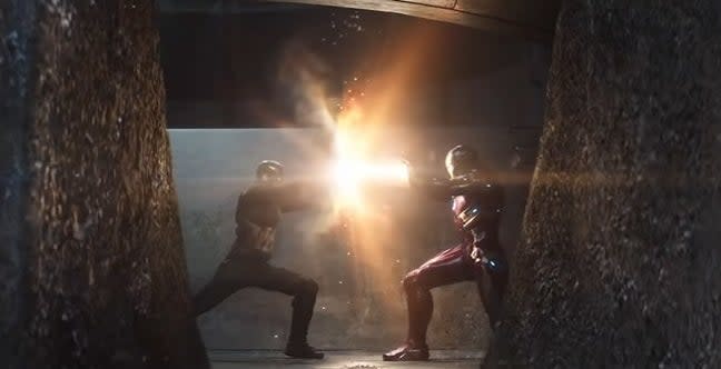 Iron Man blasting Captain America's shield in "Captain America: Civil War"