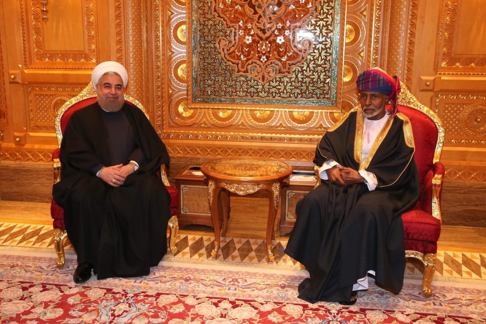 MUSCAT, OMAN - FEBRUARY 15: Iranian President Hassan Rouhani (L) meets with Sultan of Oman, Qaboos bin Said Al Said (R) during his official visit in Muscat, Oman on February 15, 2017.  (Photo by Iranian Presidency / Handout/Anadolu Agency/Getty Images)