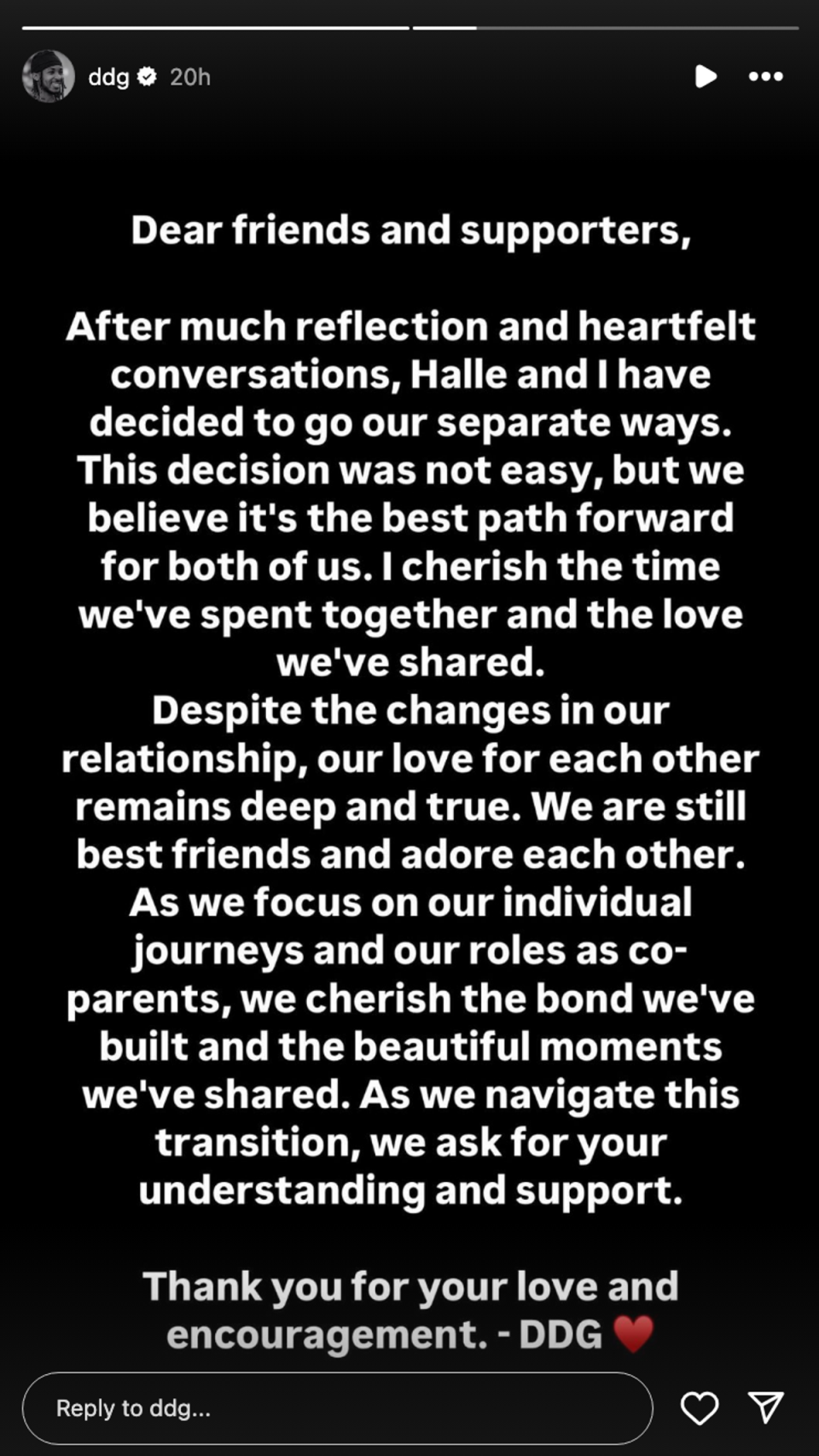 Rapper DDG announces his split from actor Halle Bailey with Instagram Story post (Instagram / @ddg)