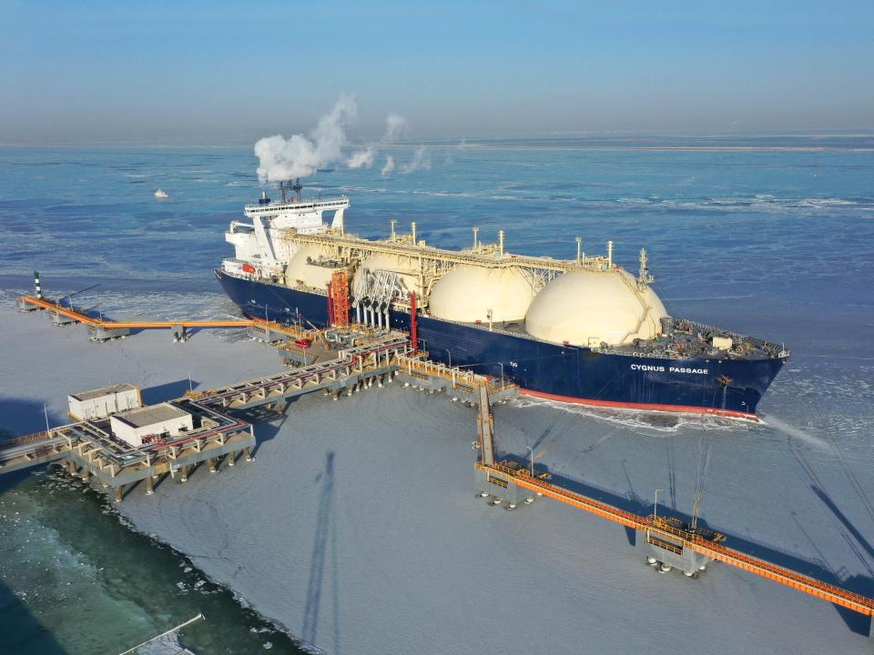 The liquefied natural gas (LNG) cargo ship 'Cygnus Passage' from Russia is berthed at a liquefied natural gas (LNG) terminal operated by China Petrochemical Corporation (Sinopec Group) on January 7, 2021 in Tianjin, China.