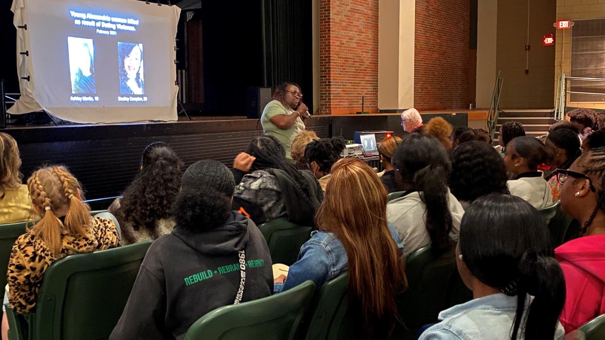 Temekia Brown tells Peabody Magnet High School students about her daughter, Ashley Mortle, and her best friend, Destiny Compton. The women were killed by Mortle's ex-boyfriend in 2021.