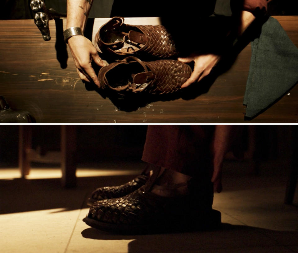 pair of shoes taken out on a table top and then put on someone's feet