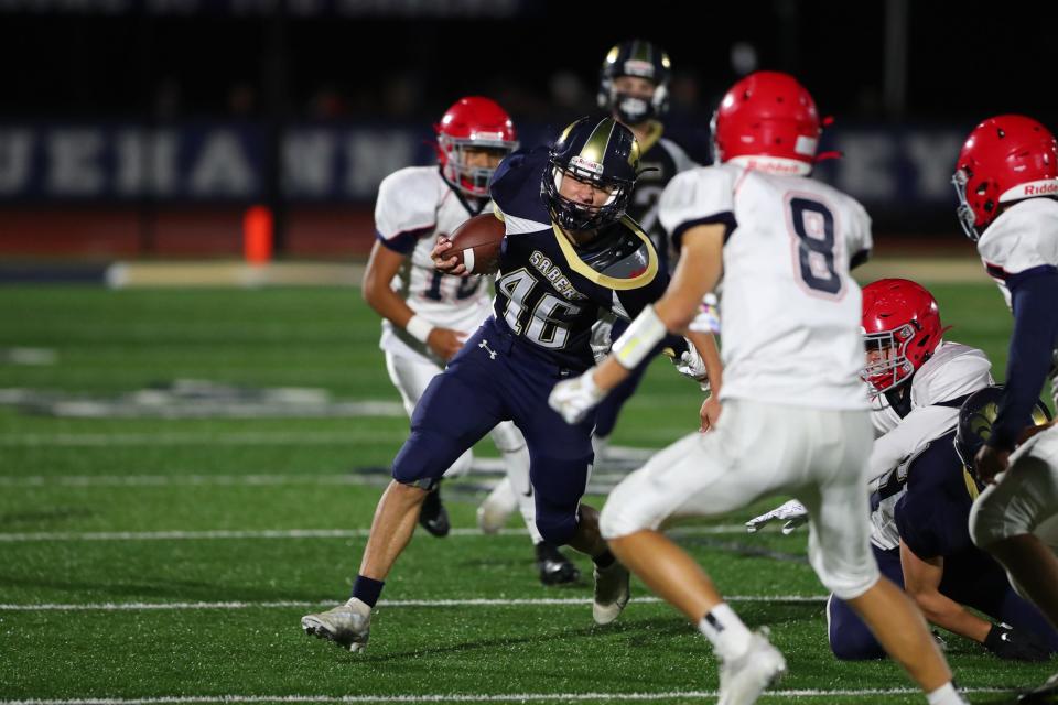 Susquehanna Valleys' Johnny Cortese tries to get around the outside of the Chenango Forks defense on Friday, Sept. 30, 2022.