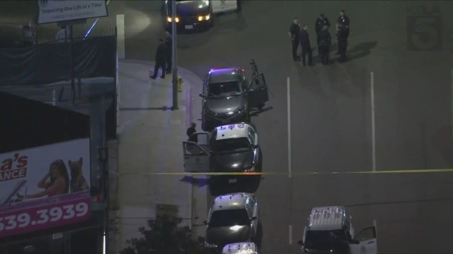 A suspect remains at large after a man was shot and killed in South Los Angeles on Nov. 10, 2023. (KTLA)