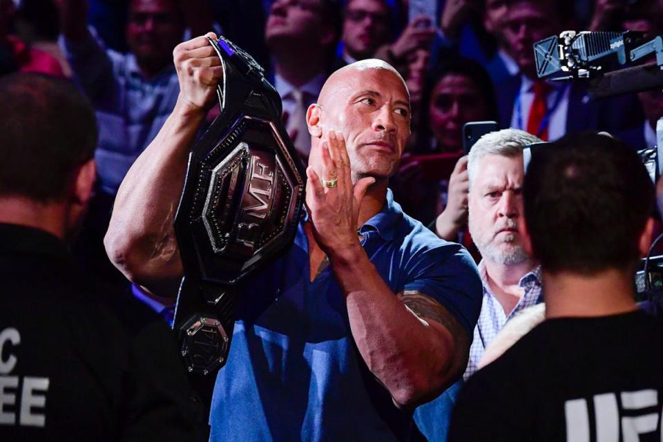 Dwayne Johnson presented the ‘BMF’ title to Jorge Masvidal when the welterweight beat Diaz in 2019 (Getty Images)