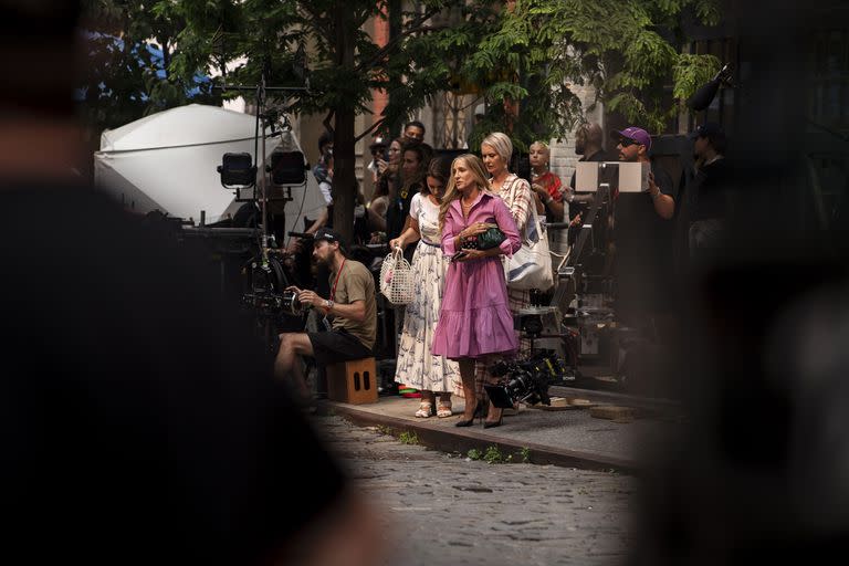 Desde la izquierda, Kristin Davis, Sarah Jessica Parker y Cynthia Nixon durante un descanso en el rodaje de Sex and the City