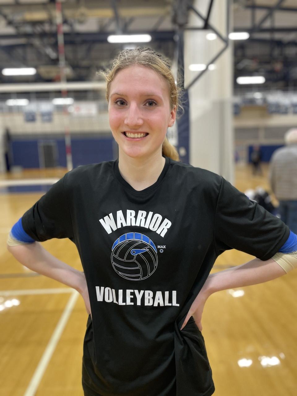 Webster Schroeder senior outside hitter Lina Fitzharris had 19 kills, three blocks and an ace during a straight sets win over Irondequoit in the Section V Class AA crossover final Tuesday, Nov. 7, 2023 at Gates Chili. The Warriors are 18-1 and will advance to regionals.