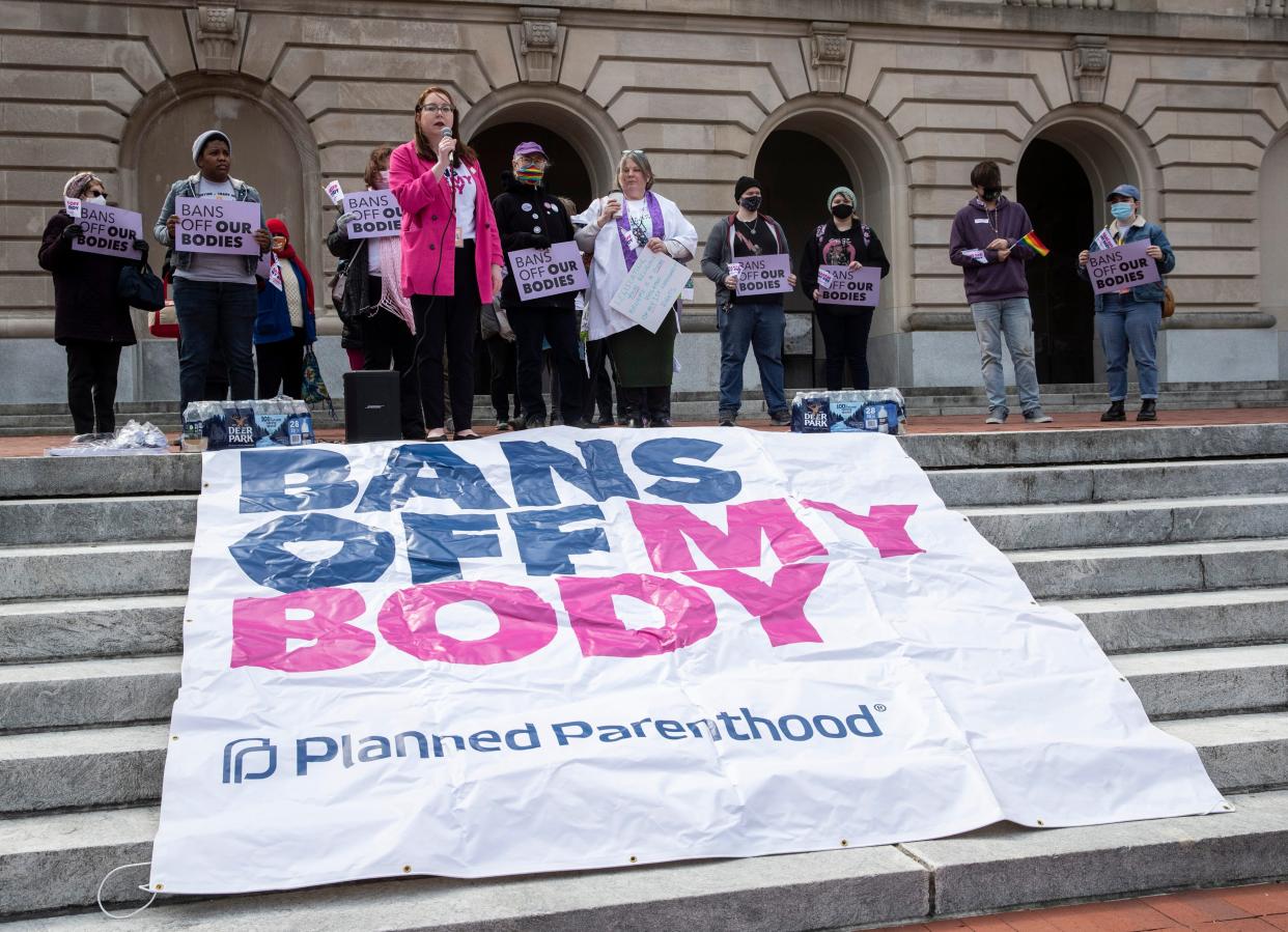 Tamarra Wieder spoke as protesters gathered in front of the Kentucky State Capitol in Frankfort over House Bill 3, which would restrict abortions in the state. Wieder is with the Planned Parenthood Alliance Advocacy group. March 29, 2022