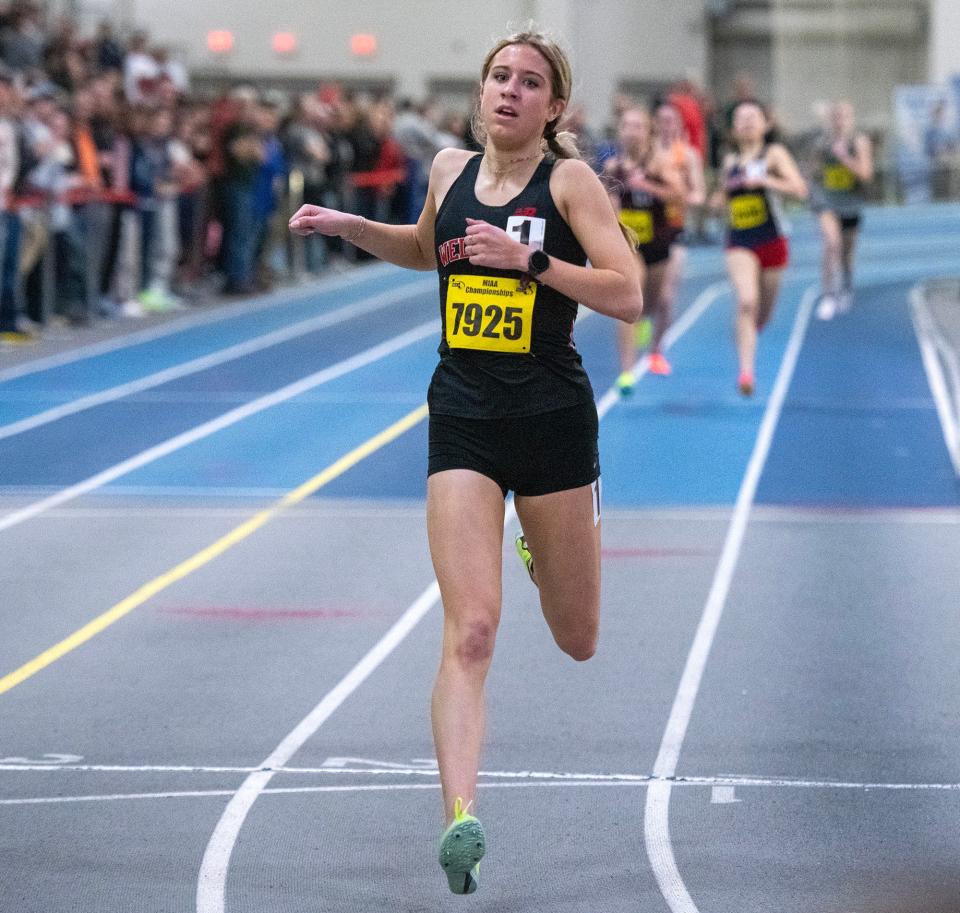 BOSTON - Wellesley’s Charlotte Tuxbury wins the 1 mile race during the indoor track and field championship Saturday at the Reggie Lewis Center.