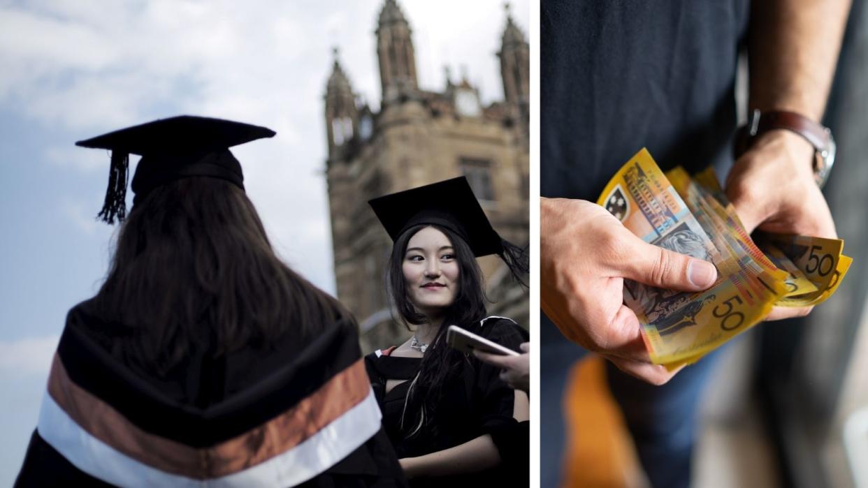 women graduating from university and man holding money