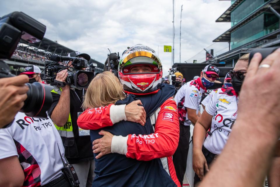 Paretta Autosport driver Simona De Silvestro (16) hugs team owner Beth Paretta on Saturday, May 22, 2021, after qualifying for the 105th running of the Indianapolis 500 at Indianapolis Motor Speedway. 