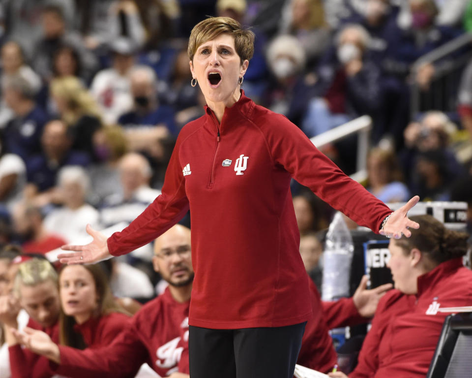 BRIDGEPORT, CT - MARCH 26: Indiana Hoosiers head coach Teri Moren argues a call during play against the UConn Huskies during the Sweet 16 round of the 2022 NCAA Womens Basketball Tournament held at Total Mortgage Arena at Harbor Yard on March 26, 2022 in Bridgeport, Connecticut. (Photo by Khoi Ton/NCAA Photos via Getty Images)