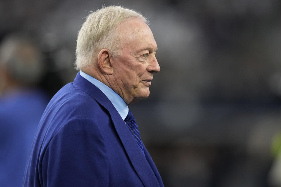 Dallas Cowboys team owner Jerry Jones watches during warmups before an NFL football game between the New York Giants and the Dallas Cowboys, Sunday, Nov. 12, 2023, in Arlington, Texas. (AP Photo/Tony Gutierrez)