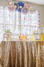 <p> Dress up your bar with a sparkly tablecloth. A paper garland and glittery rosettes will make it a focal point of any party. </p><p>See more at <a href="https://www.unoriginalmom.com/how-to-create-a-bridal-shower-mimosa-bar/" rel="nofollow noopener" target="_blank" data-ylk="slk:Unoriginal Mom;elm:context_link;itc:0;sec:content-canvas" class="link ">Unoriginal Mom</a>.<br></p>