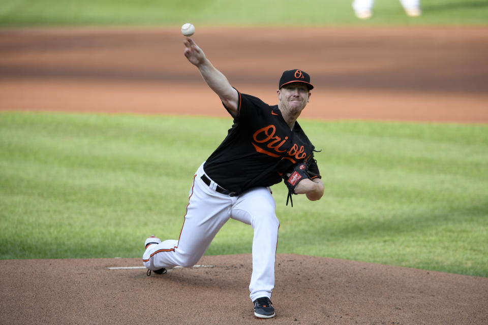 Baltimore Orioles starting pitcher Tom Eshelman delivers a pitch during the first inning of the first baseball game of a doubleheader against the New York Yankees, Friday, Sept. 4, 2020, in Baltimore. (AP Photo/Nick Wass)