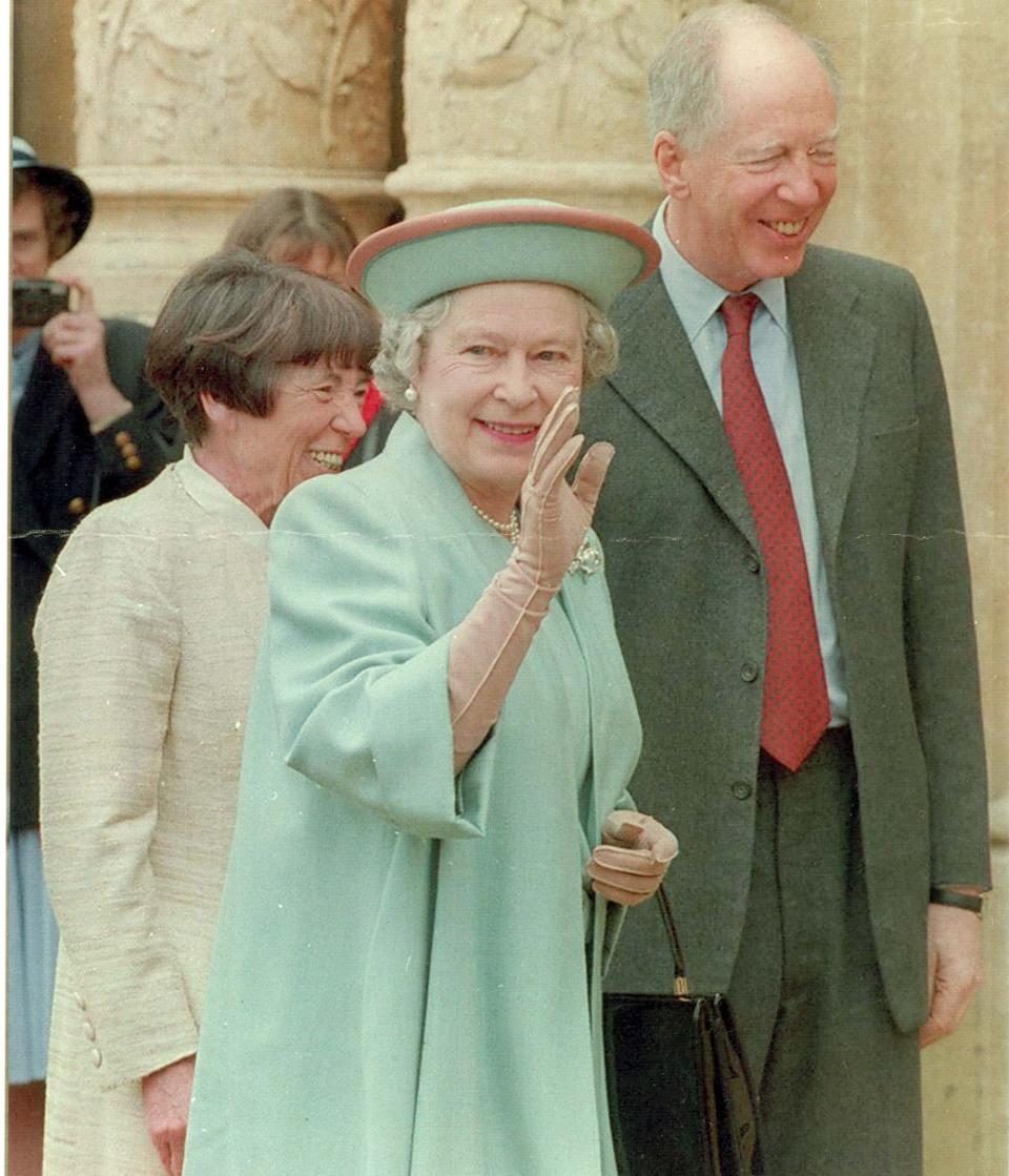 Queen Elizabeth II in 1995 touring Waddesdon Manor with Lord and Lady Rothschild