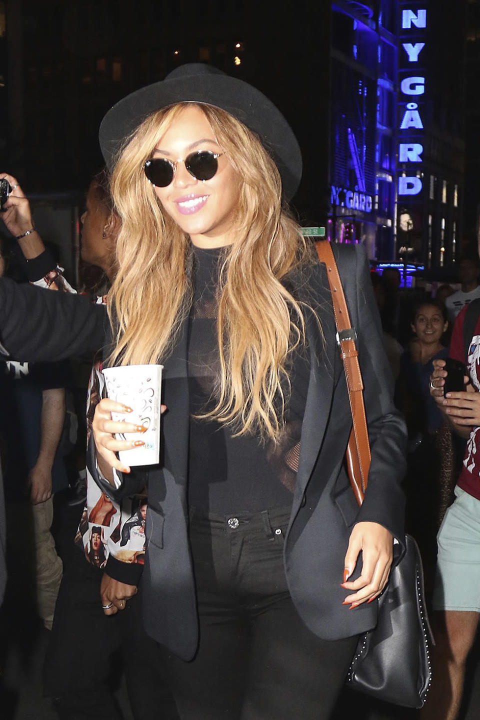 Beyonce wearing all black for a night out in New York City.