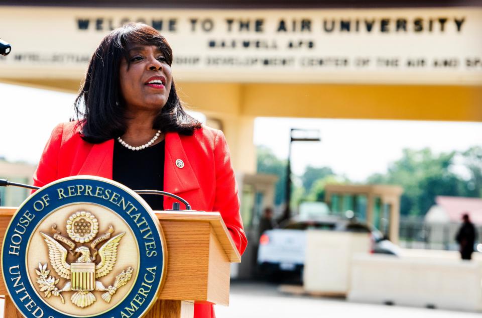 Congresswoman Terri Sewell, D-Ala., announces millions in military funding during a press event at Maxwell Air Force Base in Montgomery, Ala., on Thursday July 6, 2023.