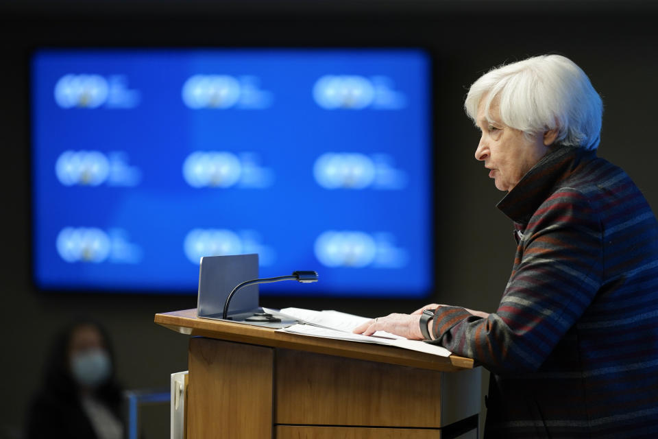 Treasury Secretary Janet Yellen speaks about challenges facing the global economy at the Center for Global Development, Thursday, Oct. 6, 2022, in Washington. (AP Photo/Patrick Semansky)