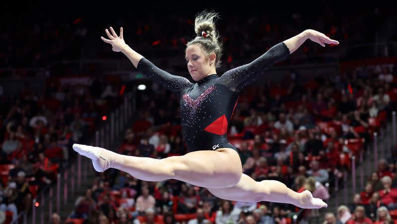 FILE — Utah’s Jaylene Gilstrap does her beam routine during a gymnastics meet against Arizona at the Huntsman Center in Salt Lake City on Friday, March 3, 2023.