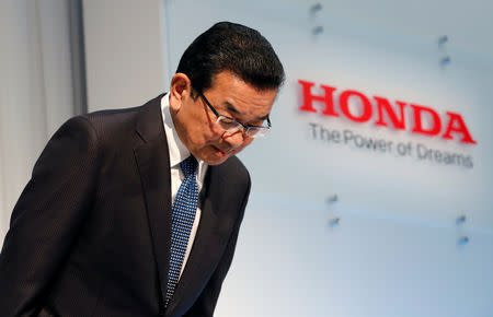 Honda Motor Chief Executive Takahiro Hachigo bows his head as he arrives at a news conference in Tokyo, Japan, February 19, 2019. REUTERS/Kim Kyung-hoon
